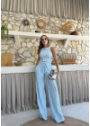 TERS DİKİŞ HALTER YAKA CROP VE PANTOLONLU İKİLİ TAKIM MAVİ