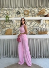 TERS DİKİŞ HALTER YAKA CROP VE PANTOLONLU İKİLİ TAKIM PEMBE