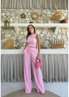 TERS DİKİŞ HALTER YAKA CROP VE PANTOLONLU İKİLİ TAKIM PEMBE