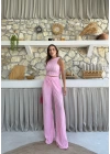 TERS DİKİŞ HALTER YAKA CROP VE PANTOLONLU İKİLİ TAKIM PEMBE