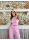 TERS DİKİŞ HALTER YAKA CROP VE PANTOLONLU İKİLİ TAKIM PEMBE