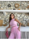 TERS DİKİŞ HALTER YAKA CROP VE PANTOLONLU İKİLİ TAKIM PEMBE