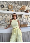 TERS DİKİŞ HALTER YAKA CROP VE PANTOLONLU İKİLİ TAKIM SARI