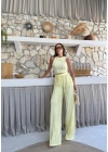 TERS DİKİŞ HALTER YAKA CROP VE PANTOLONLU İKİLİ TAKIM SARI