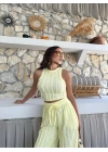 TERS DİKİŞ HALTER YAKA CROP VE PANTOLONLU İKİLİ TAKIM SARI