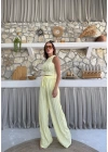 TERS DİKİŞ HALTER YAKA CROP VE PANTOLONLU İKİLİ TAKIM SARI