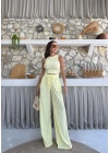 TERS DİKİŞ HALTER YAKA CROP VE PANTOLONLU İKİLİ TAKIM SARI