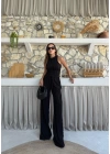 TERS DİKİŞ HALTER YAKA CROP VE PANTOLONLU İKİLİ TAKIM SİYAH