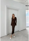 TERS DİKİŞ V YAKA GOFRE UZUN KALEM ELBİSE KAHVE