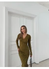 TERS DİKİŞ V YAKA GOFRE UZUN KALEM ELBİSE YEŞİL