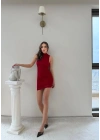TÜL ASTARLI SIFIR KOL DRAPELİ ELBİSE KIRMIZI
