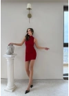 TÜL ASTARLI SIFIR KOL DRAPELİ ELBİSE KIRMIZI