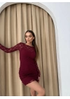 TÜL İÇ ASTARLI ASİMETRİK ETEK DETAY ELBİSE BORDO