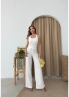 U YAKA SIRT DEKOLTE DETAY BLUZ VE PANTOLONLUGOFRE İKİLİ TAKIM BEYAZ