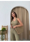 U YAKA SIRT DEKOLTE DETAY BLUZ VE PANTOLONLUGOFRE İKİLİ TAKIM HAKİ
