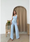 U YAKA SIRT DEKOLTE DETAY BLUZ VE PANTOLONLUGOFRE İKİLİ TAKIM MAVİ