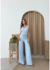 U YAKA SIRT DEKOLTE DETAY BLUZ VE PANTOLONLUGOFRE İKİLİ TAKIM MAVİ