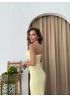 U YAKA SIRT DEKOLTE DETAY BLUZ VE PANTOLONLUGOFRE İKİLİ TAKIM SARI