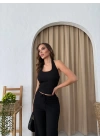 U YAKA SIRT DEKOLTE DETAY BLUZ VE PANTOLONLUGOFRE İKİLİ TAKIM SİYAH