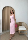 U YAKA SIRT DEKOLTE DETAY UZUN GOFRE ELBİSE PEMBE