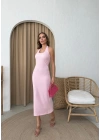 U YAKA SIRT DEKOLTE DETAY UZUN GOFRE ELBİSE PEMBE