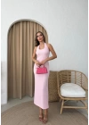 U YAKA SIRT DEKOLTE DETAY UZUN GOFRE ELBİSE PEMBE