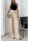 ÜÇ PİLELİ YÜKSEK BEL PALAZZO PANTOLON KREM