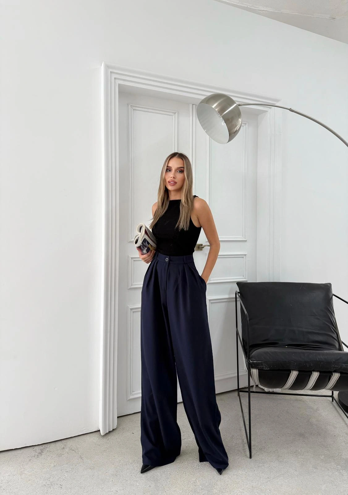 ÜÇ PİLELİ YÜKSEK BEL PALAZZO PANTOLON LACİVERT