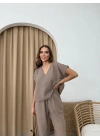 V YAKA SALAŞ BLUZ VE PANTOLONLU KETENİKİLİ TAKIM KAHVE