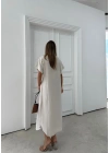 V YAKA UZUN YIRTMAÇLI KETEN ELBİSE KREM
