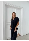 V YAKA UZUN YIRTMAÇLI KETEN ELBİSE LACİVERT