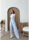 VATKALI ASİMETRİK DETAY BLUZ VE PANTOLONLU İKİLİ TAKIM MAVİ