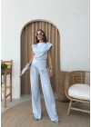 VATKALI ASİMETRİK DETAY BLUZ VE PANTOLONLU İKİLİ TAKIM MAVİ