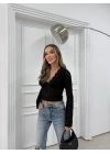 YAKA DANTEL DETAY TRANSPARAN DESENLİ BLUZ SİYAH