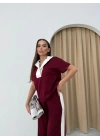 YAKA DETAY BLUZ VE ŞERİTLİ PANTOLONLU MODAL İKİLİ TAKIM BORDO