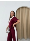 YAKA DETAY BLUZ VE ŞERİTLİ PANTOLONLU MODAL İKİLİ TAKIM BORDO