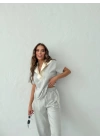 YAKA DETAY BLUZ VE ŞERİTLİ PANTOLONLU MODAL İKİLİ TAKIM GRİ