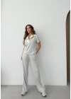 YAKA DETAY BLUZ VE ŞERİTLİ PANTOLONLU MODAL İKİLİ TAKIM GRİ
