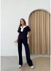 YAKA DETAY BLUZ VE ŞERİTLİ PANTOLONLU MODAL İKİLİ TAKIM LACİVERT