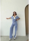 YAKA DETAY BLUZ VE ŞERİTLİ PANTOLONLU MODAL İKİLİ TAKIM LİLA
