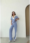 YAKA DETAY BLUZ VE ŞERİTLİ PANTOLONLU MODAL İKİLİ TAKIM LİLA