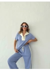 YAKA DETAY BLUZ VE ŞERİTLİ PANTOLONLU MODAL İKİLİ TAKIM LİLA