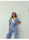 YAKA DETAY BLUZ VE ŞERİTLİ PANTOLONLU MODAL İKİLİ TAKIM LİLA
