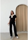 YAKA DETAY BLUZ VE ŞERİTLİ PANTOLONLU MODAL İKİLİ TAKIM SİYAH