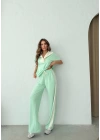 YAKA DETAY BLUZ VE ŞERİTLİ PANTOLONLU MODAL İKİLİ TAKIM YEŞİL