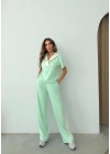 YAKA DETAY BLUZ VE ŞERİTLİ PANTOLONLU MODAL İKİLİ TAKIM YEŞİL