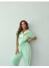 YAKA DETAY BLUZ VE ŞERİTLİ PANTOLONLU MODAL İKİLİ TAKIM YEŞİL