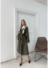 YAKA FULAR DETAY KUŞAKLI İÇ ASTARLI UZUN TRENÇKOT HAKİ