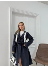 YAKA FULAR DETAY KUŞAKLI İÇ ASTARLI UZUN TRENÇKOT LACİVERT