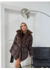 YAKA KÜRK DETAY BEL KEMERLİ ŞİŞME MONT KAHVE
